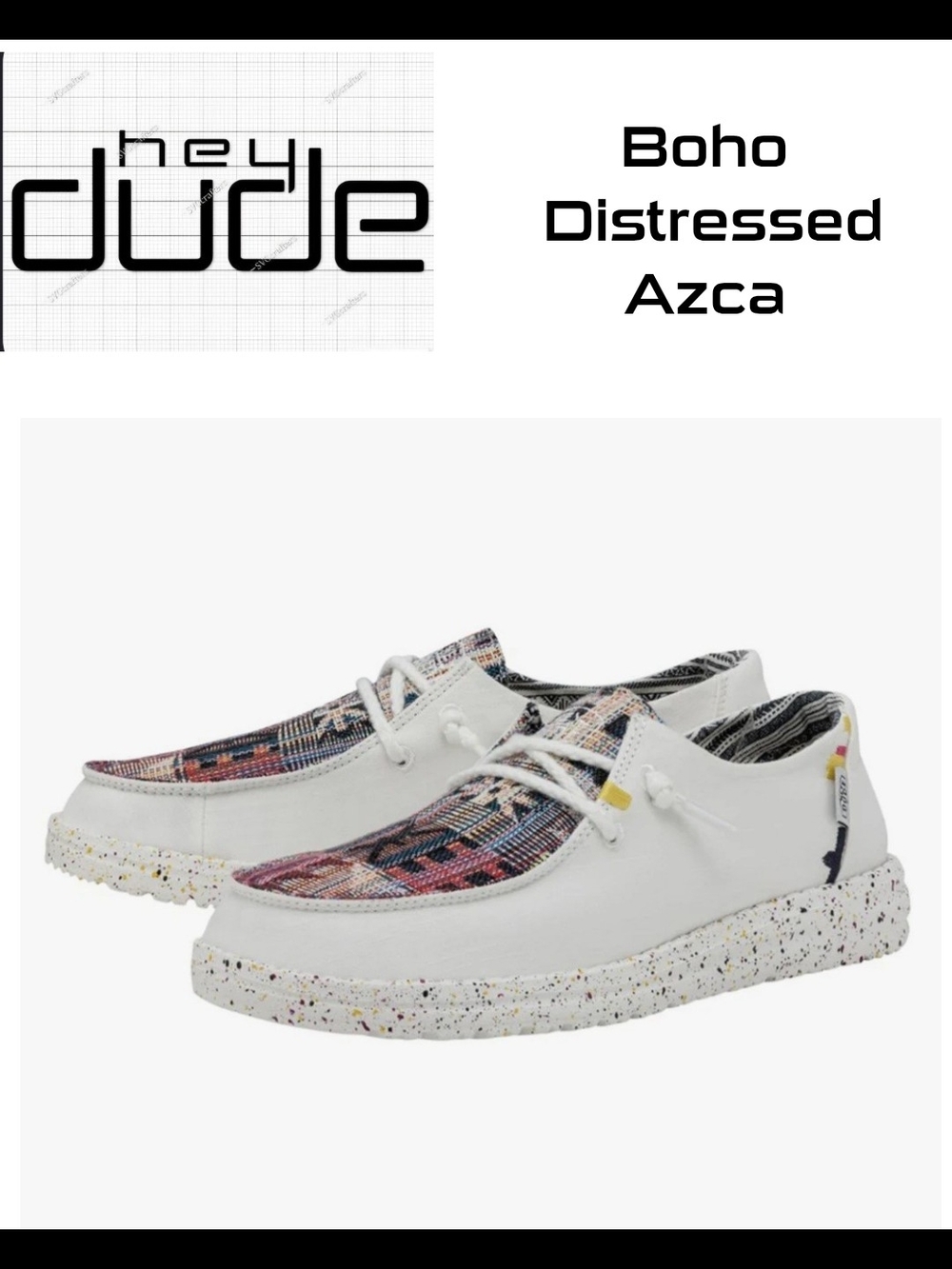Hey Dude Boho Distressed Azca Sneakers in White with Multi Woven Accents